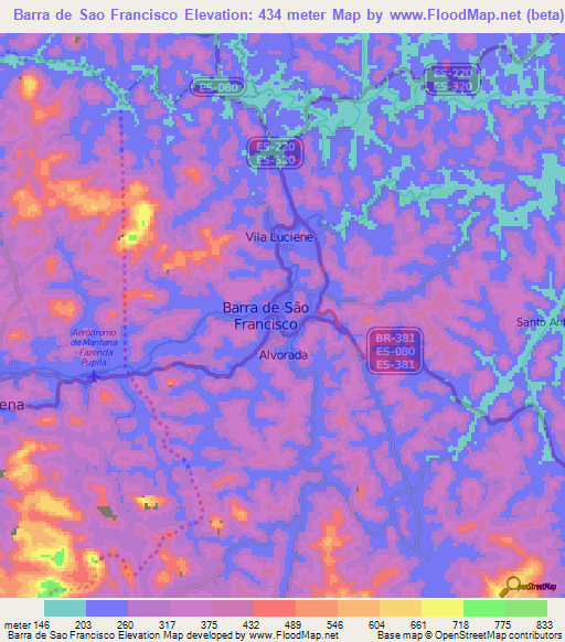 Barra de Sao Francisco,Brazil Elevation Map