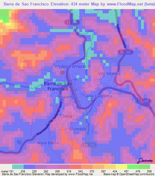 Barra de Sao Francisco,Brazil Elevation Map