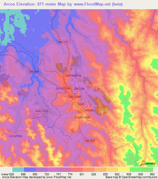 Arcos,Brazil Elevation Map