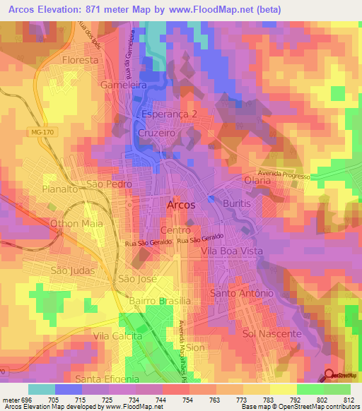 Arcos,Brazil Elevation Map