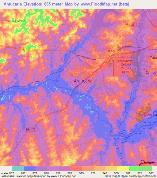 Araucaria,Brazil Elevation Map