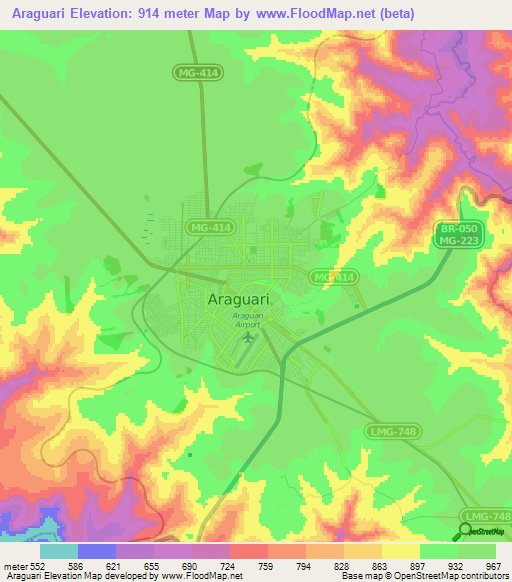 Araguari,Brazil Elevation Map