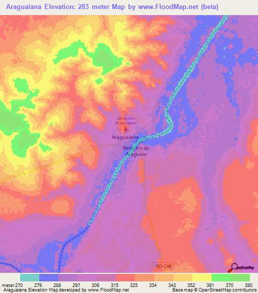 Araguaiana,Brazil Elevation Map