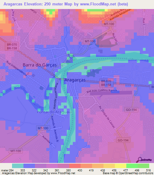 Aragarcas,Brazil Elevation Map