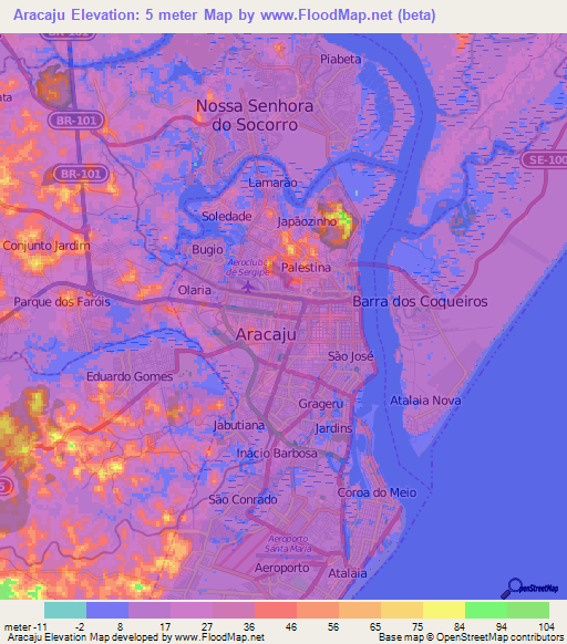 Aracaju,Brazil Elevation Map
