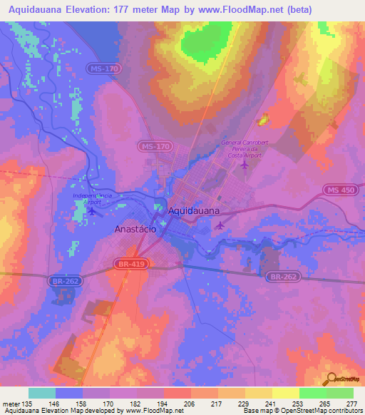 Aquidauana,Brazil Elevation Map