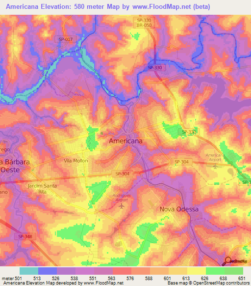 Americana,Brazil Elevation Map