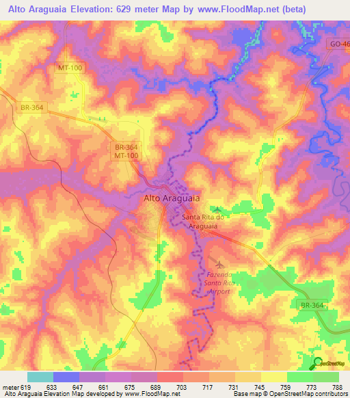 Alto Araguaia,Brazil Elevation Map