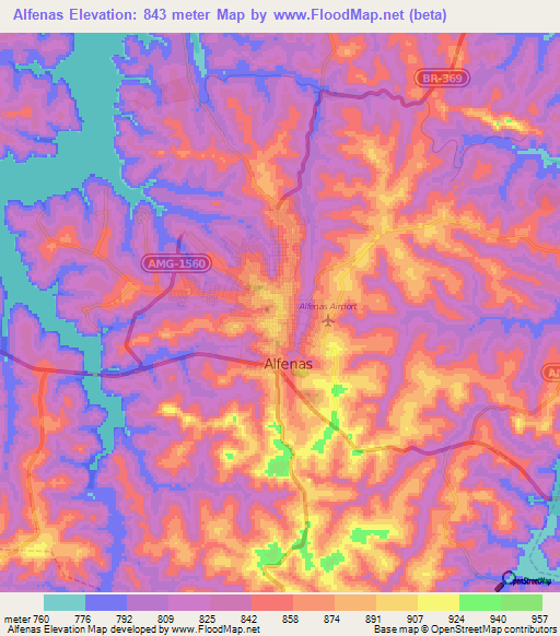 Alfenas,Brazil Elevation Map