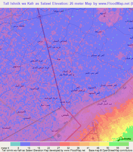 Tall Ishnik wa Kafr as Salawi,Egypt Elevation Map