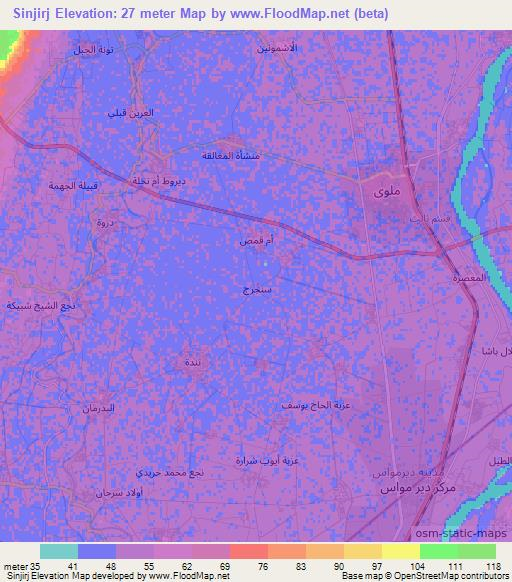 Sinjirj,Egypt Elevation Map