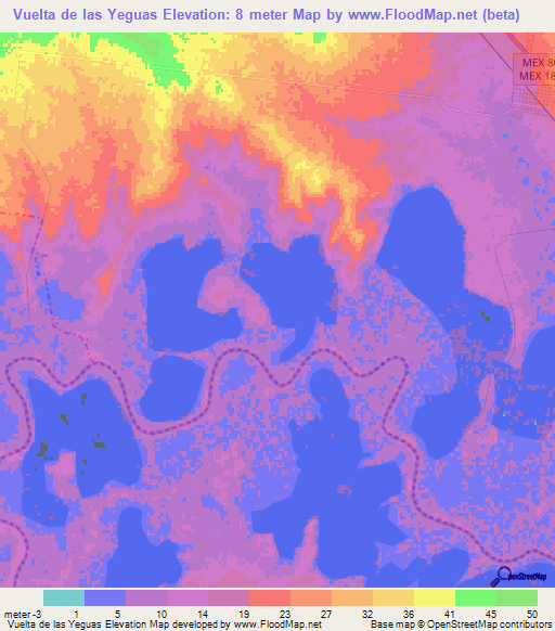 Vuelta de las Yeguas,Mexico Elevation Map