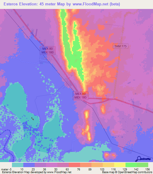 Esteros,Mexico Elevation Map