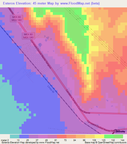 Esteros,Mexico Elevation Map