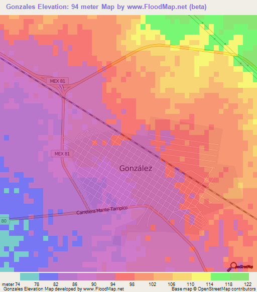 Gonzales,Mexico Elevation Map