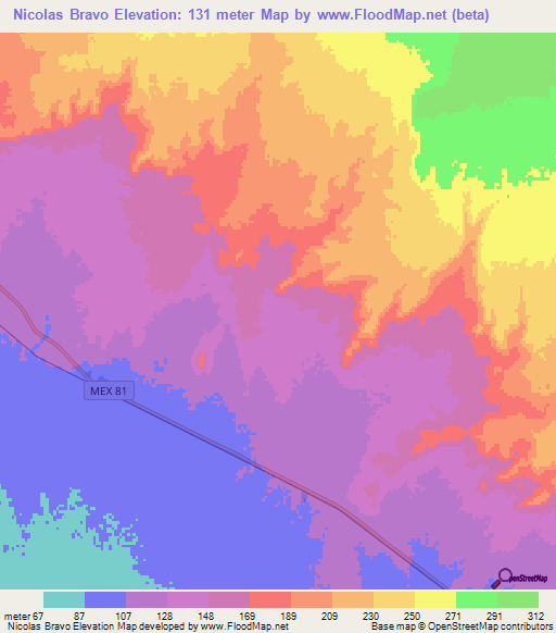 Nicolas Bravo,Mexico Elevation Map