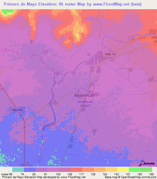 Primero de Mayo,Mexico Elevation Map