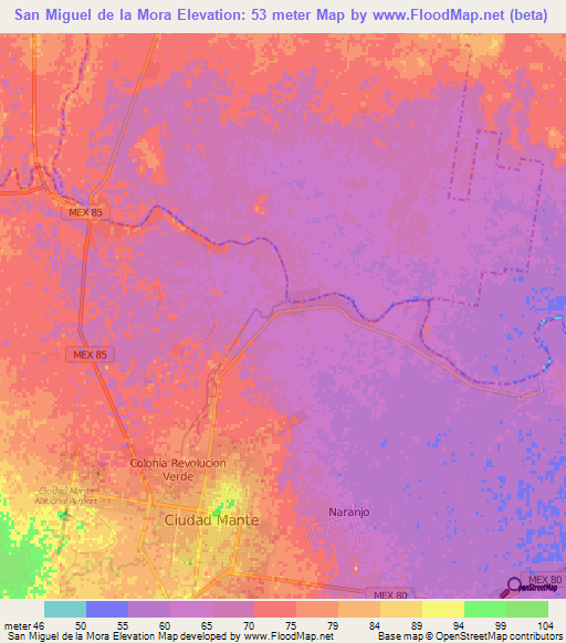 San Miguel de la Mora,Mexico Elevation Map