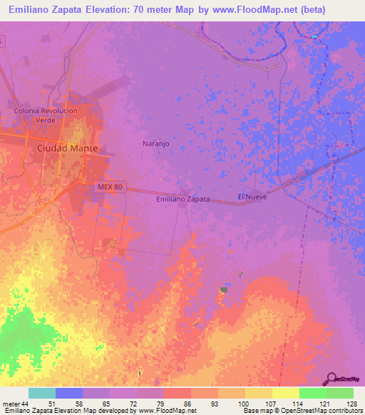 Emiliano Zapata,Mexico Elevation Map