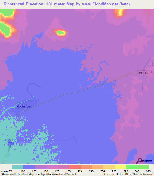 Xicotencatl,Mexico Elevation Map