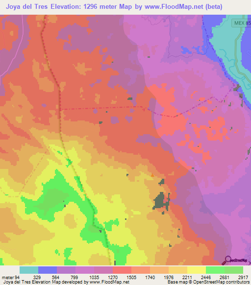 Joya del Tres,Mexico Elevation Map