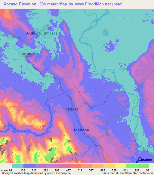 Xocayo,Mexico Elevation Map