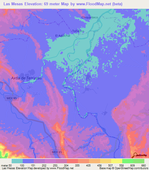 Las Mesas,Mexico Elevation Map