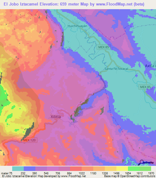 El Jobo Iztacamel,Mexico Elevation Map