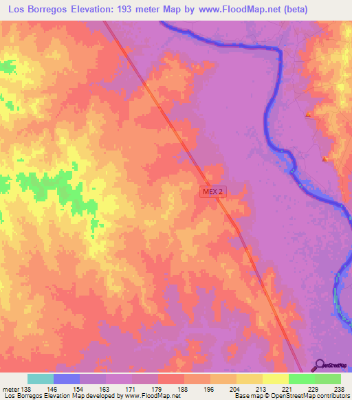 Los Borregos,Mexico Elevation Map