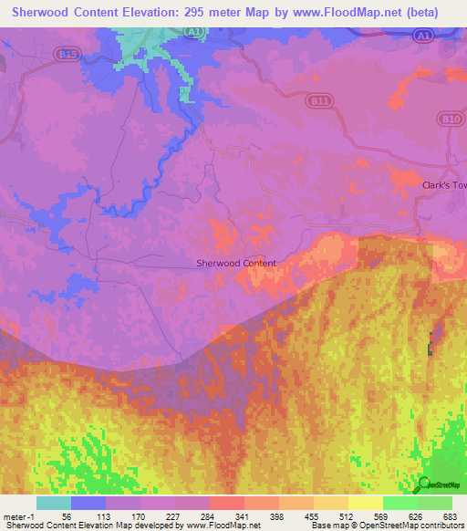 Sherwood Content,Jamaica Elevation Map