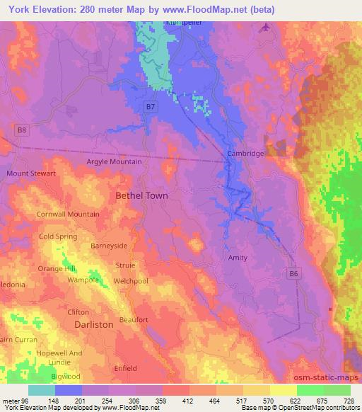 York,Jamaica Elevation Map