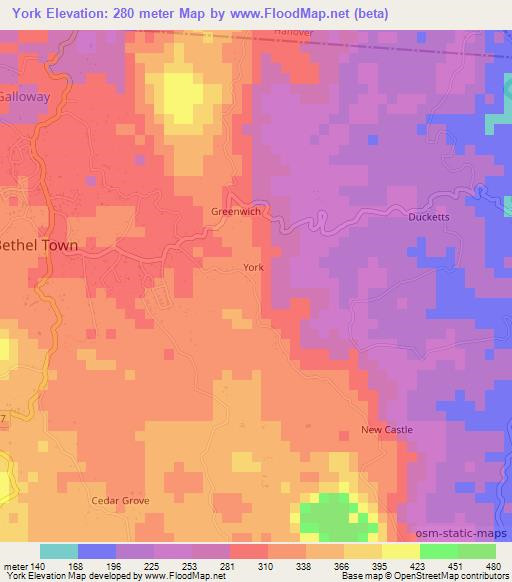 York,Jamaica Elevation Map