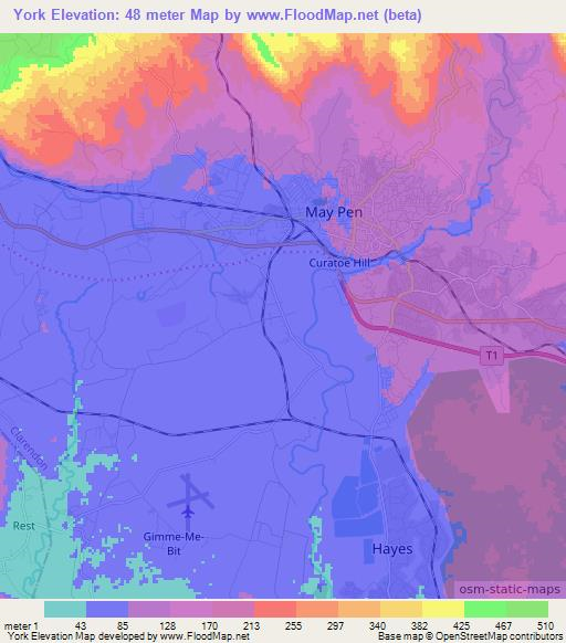 York,Jamaica Elevation Map