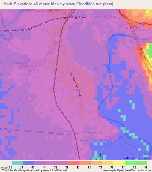 York,Jamaica Elevation Map