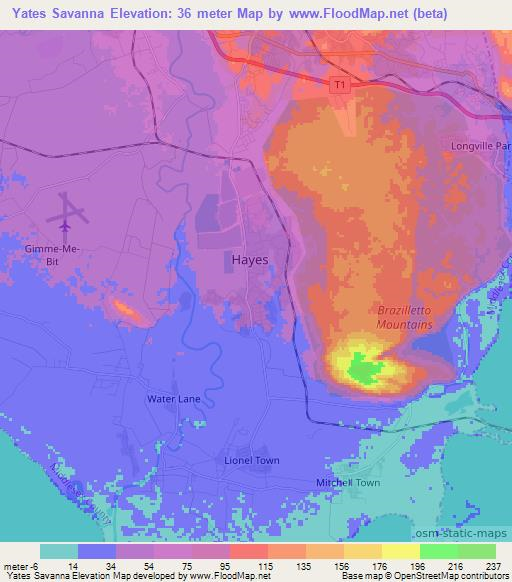 Yates Savanna,Jamaica Elevation Map