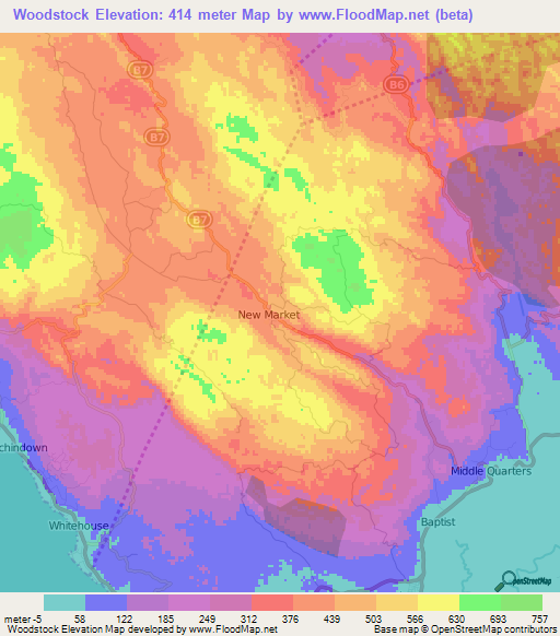 Woodstock,Jamaica Elevation Map