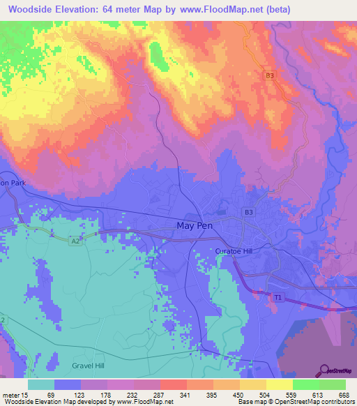 Woodside,Jamaica Elevation Map