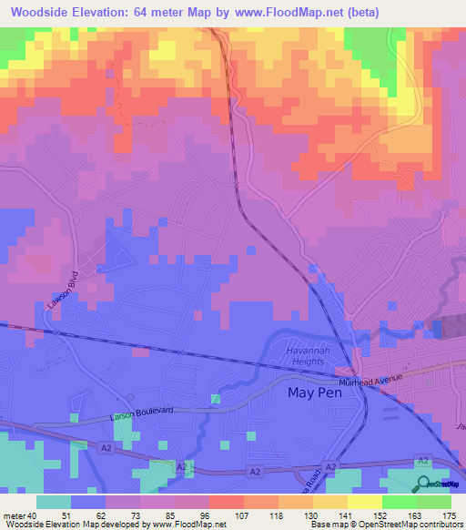 Woodside,Jamaica Elevation Map