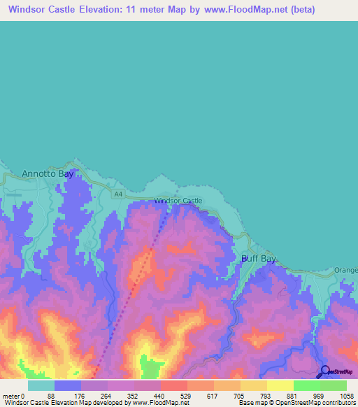 Windsor Castle,Jamaica Elevation Map