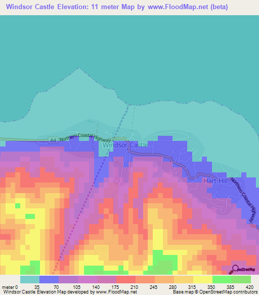 Windsor Castle,Jamaica Elevation Map