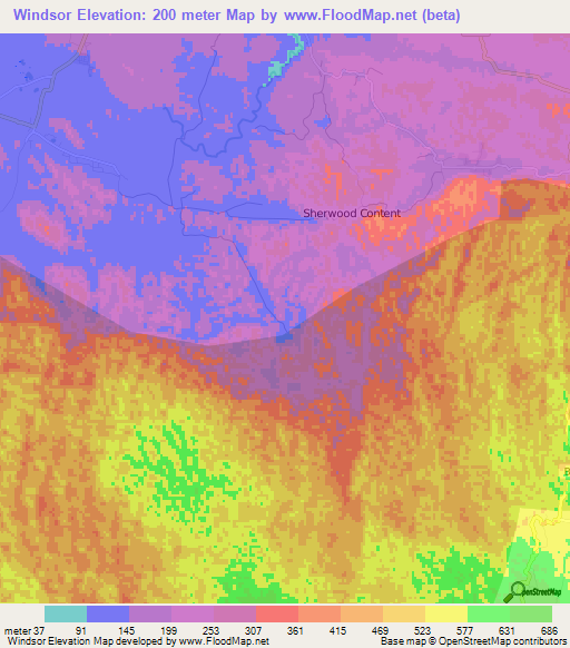 Windsor,Jamaica Elevation Map