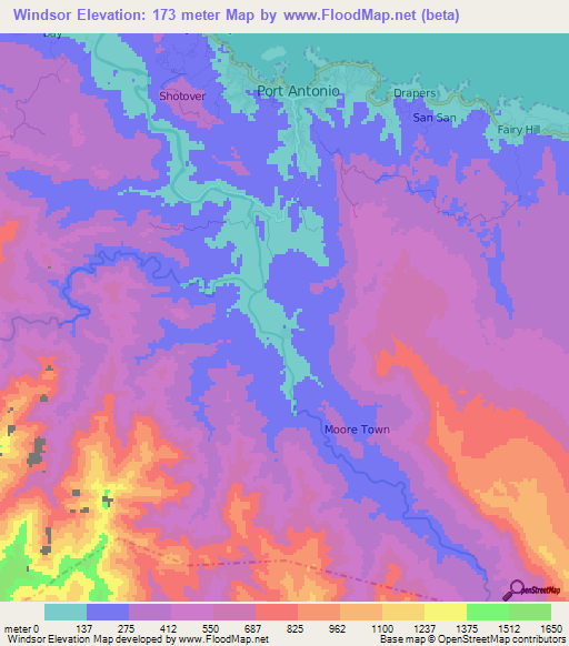 Windsor,Jamaica Elevation Map