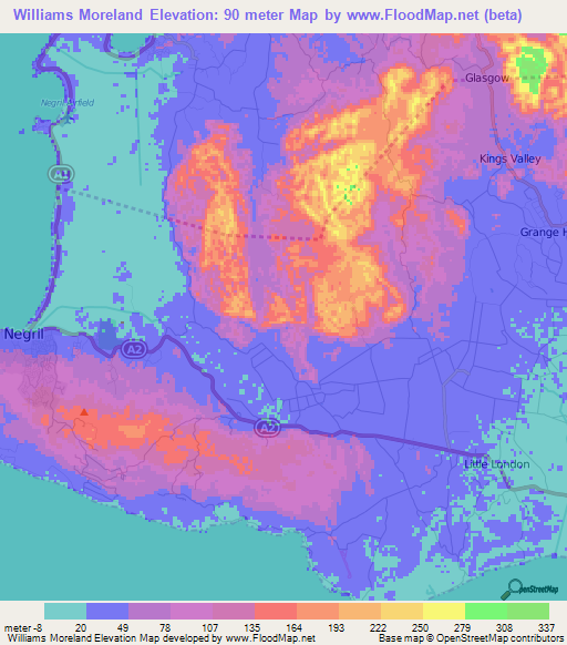Williams Moreland,Jamaica Elevation Map