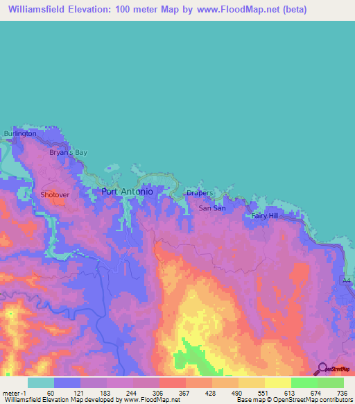 Williamsfield,Jamaica Elevation Map