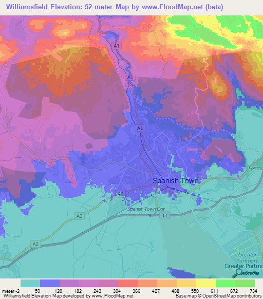 Williamsfield,Jamaica Elevation Map