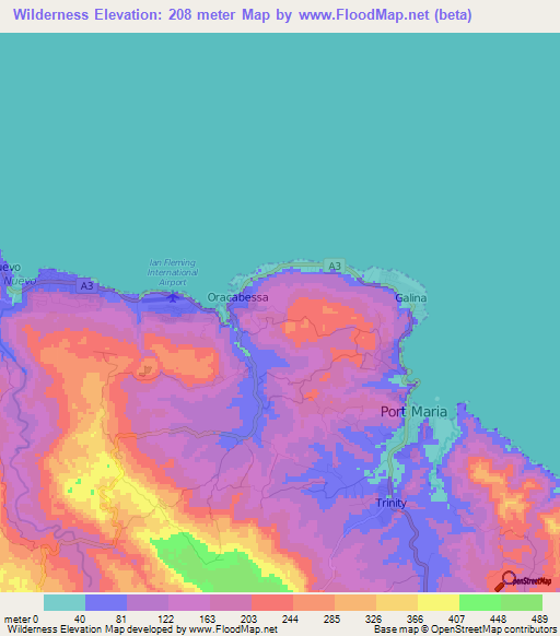 Wilderness,Jamaica Elevation Map