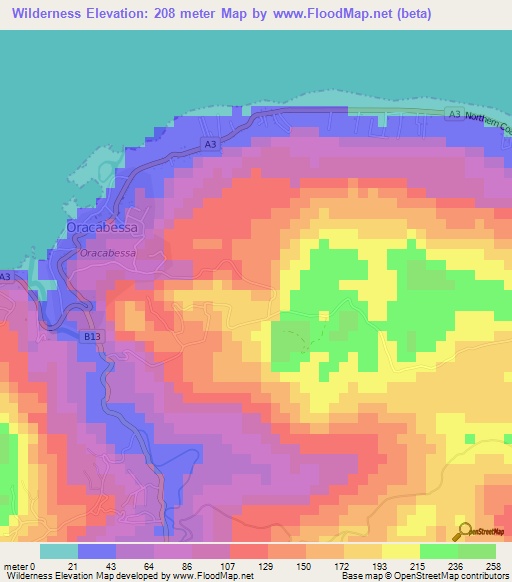 Wilderness,Jamaica Elevation Map