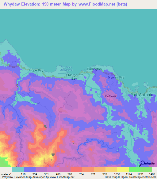 Whydaw,Jamaica Elevation Map