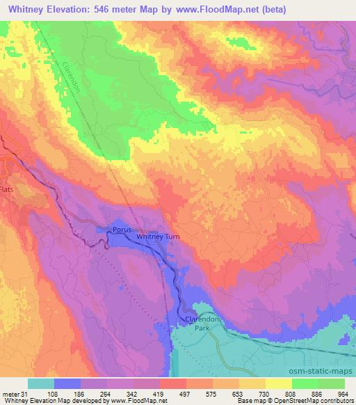 Whitney,Jamaica Elevation Map