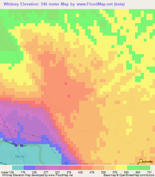 Whitney,Jamaica Elevation Map